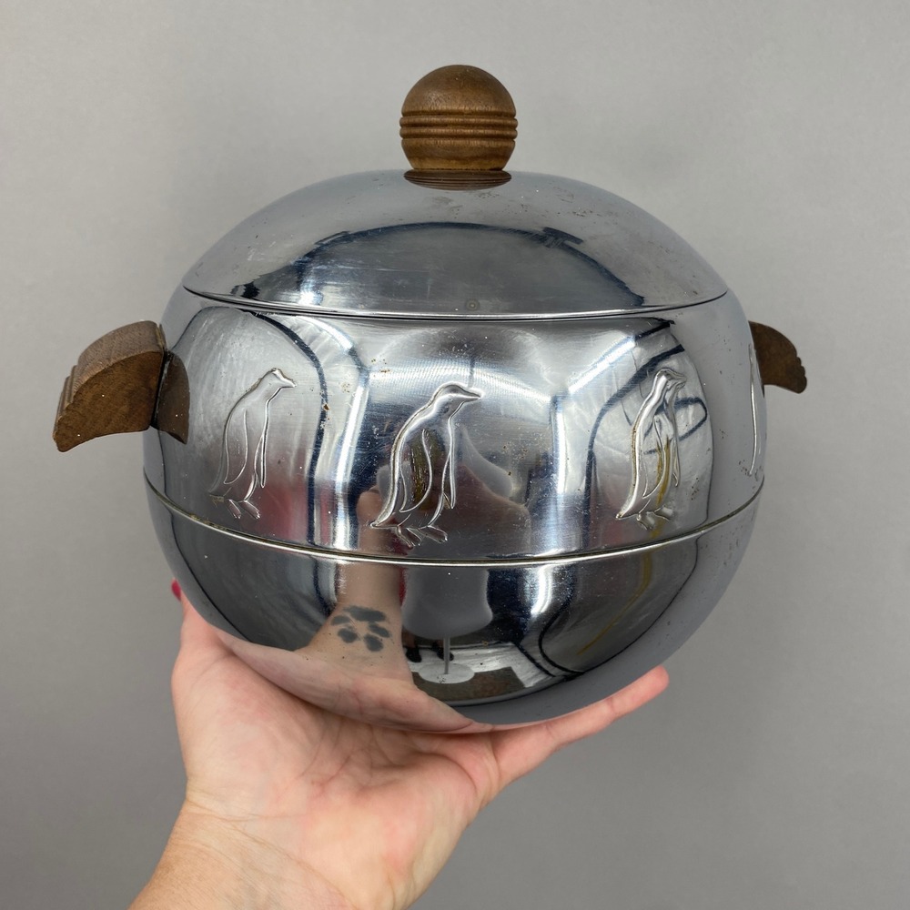 West Bend Penguin Hot Cold Server Chrome Mid Century Modern Ice Bucket Walnut